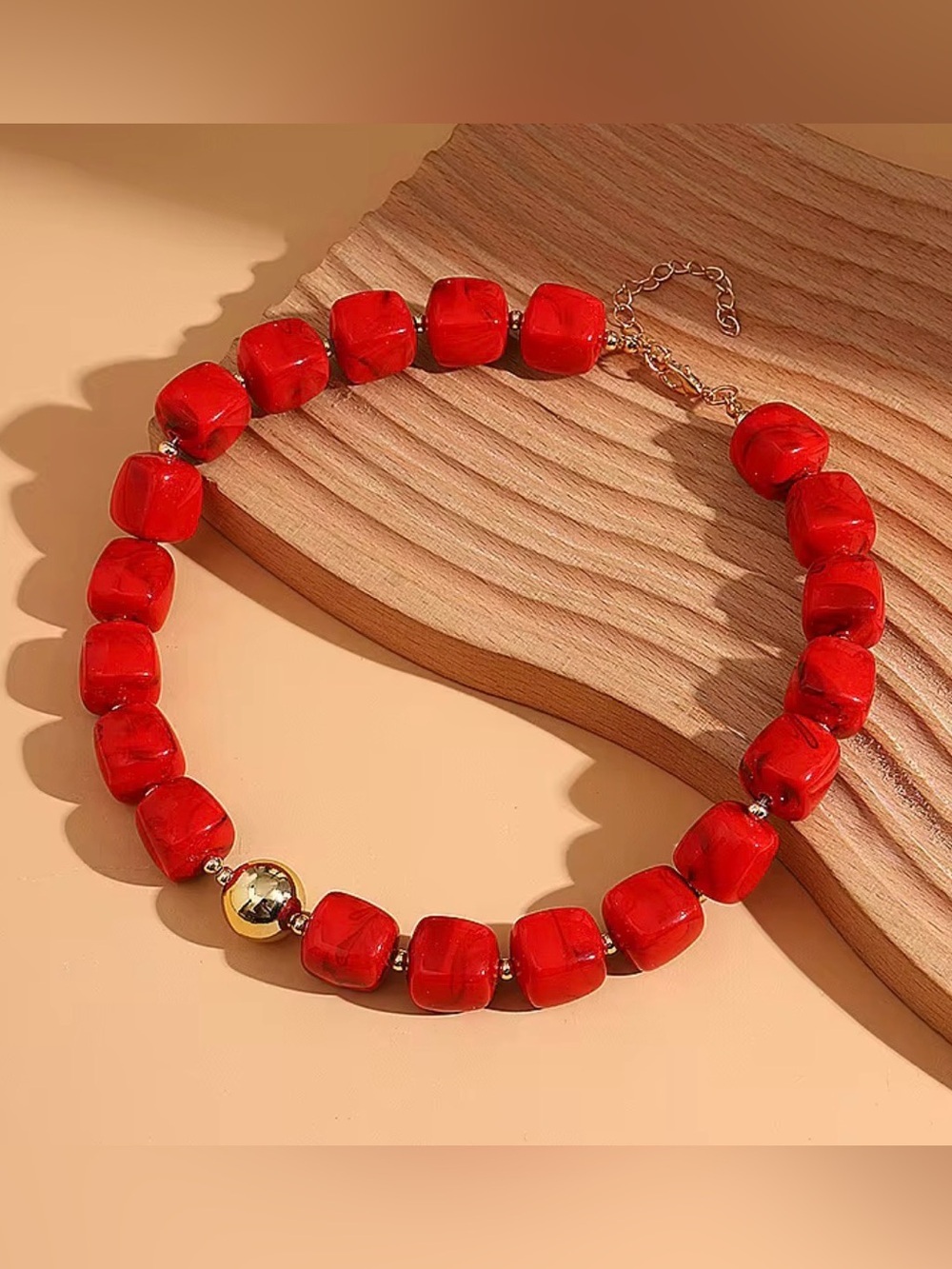 Red Beaded Necklace with Gold Accents